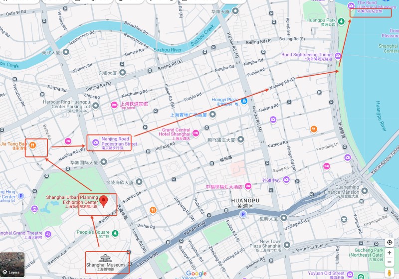 A snapshot of Shanghai's cityscape on the first day of the trip, with modern buildings and busy streets